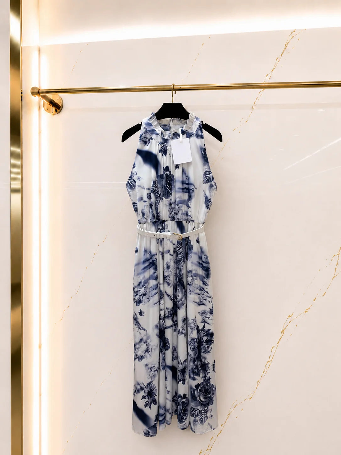 2026 Women Dress Sleeveless Ruffle Halter Blue Floral Motif Silky Midi Matching Waist Strap Flared Straight Hemline