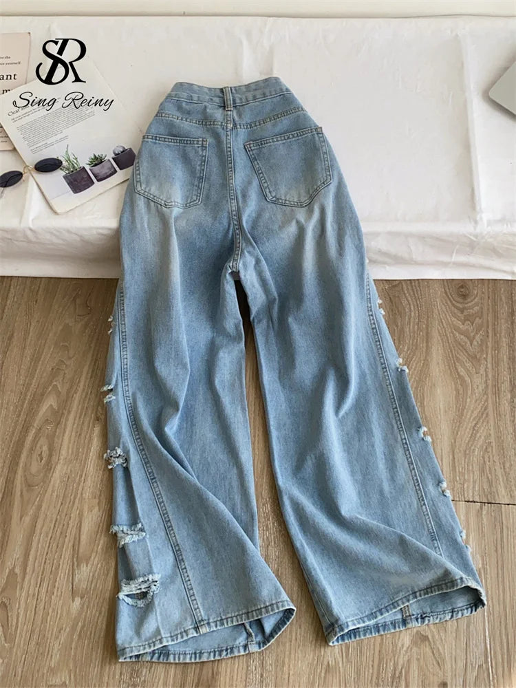 SINGREINY Edgy Hole Denim Loose Pants Women Autumn Newest Distressed Wide Leg Pocket Trendy Street Spicy Girl Y2K Casual Jeans