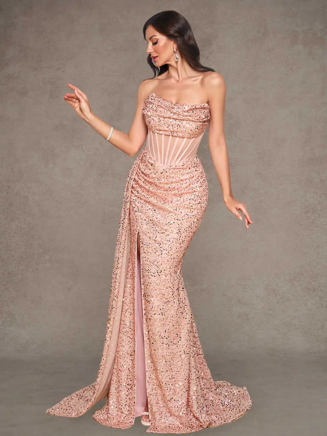 Rose Gold Sequin Strapless Mermaid Evening Gown Sheer Corset High Slit Draped Train Party Dress