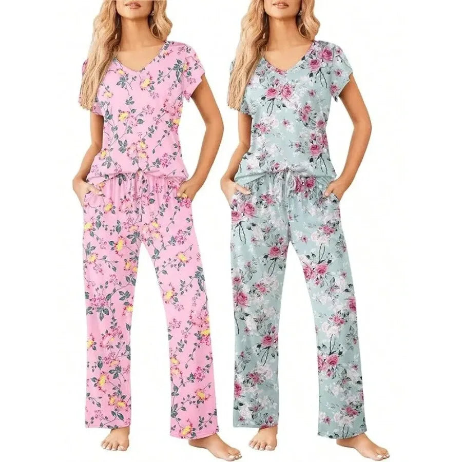 Womens Short Sleeve Striped Pajama Set Soft Lounge Wear S-XXL