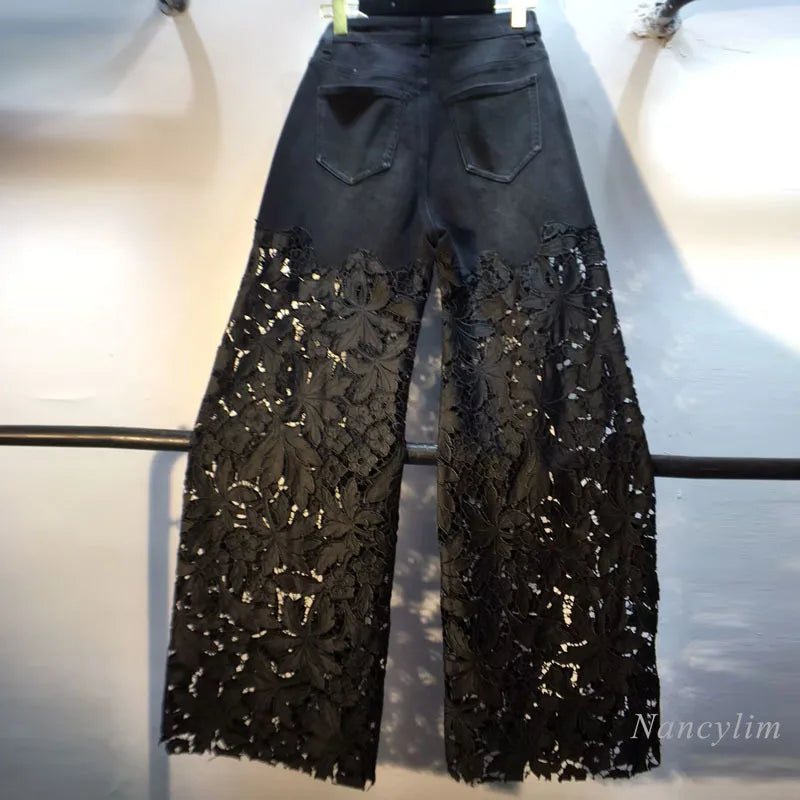 European 2025 Hollow Lace Jeans Women Summer New Black Lace Denim Pants Heavy Industry Beads Hot Diamond Denim Splicing Crochet
