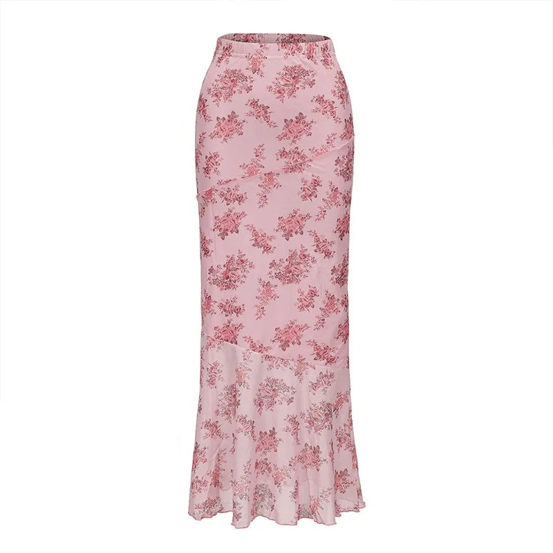 2025 Flower Print Midi Skirt High Waist Long Skirts For Women Vintage Streetwear Skirt Summer Elegant Women's Skirts