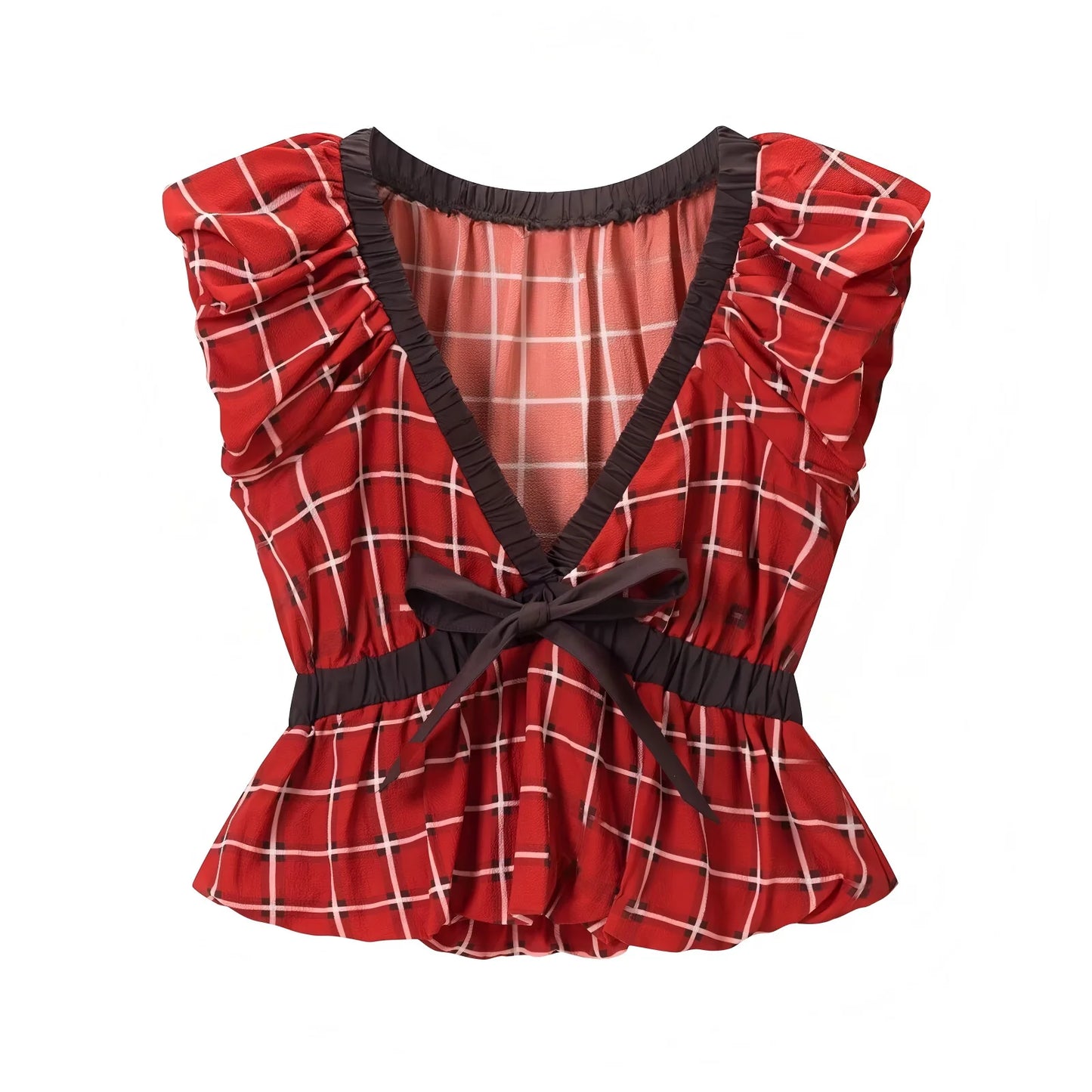 KONDALA Women Trendy Vacation Balloon Plaid Tops Bow Tie Top New 2026 Spring Summer Fashion Vintage Party Date Casual Lady Top