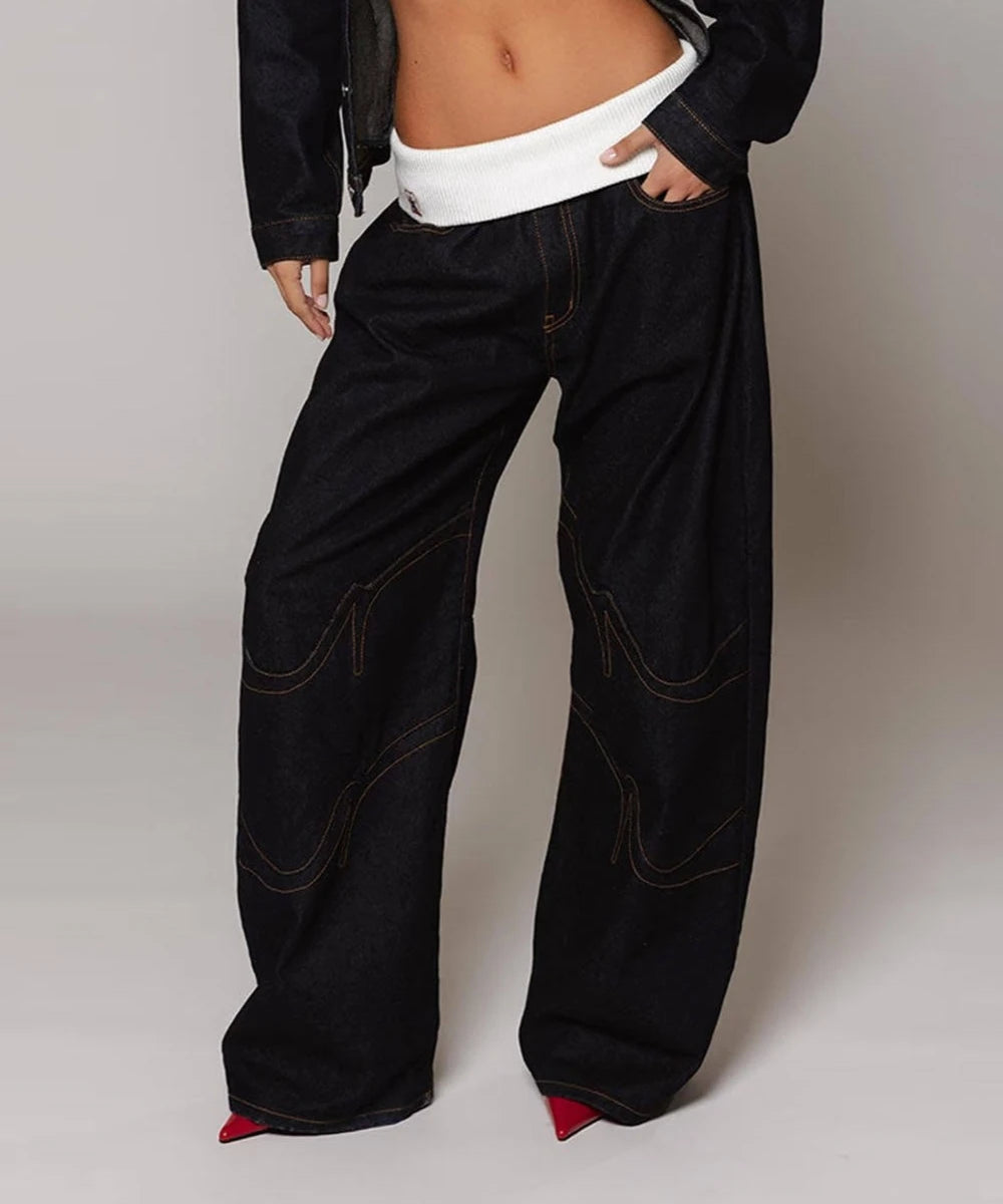 American retro threaded waist straight jeans women's spring and autumn high street design sense loose and thin wide-leg pants