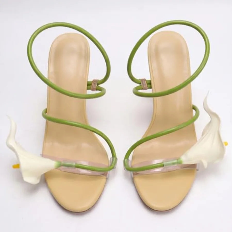 Flower High Heels for Women Calla Lily Open Toe Floral Stilettos Heels Sexy Strappy Wedding Birthday Dressy Heeled Sandals