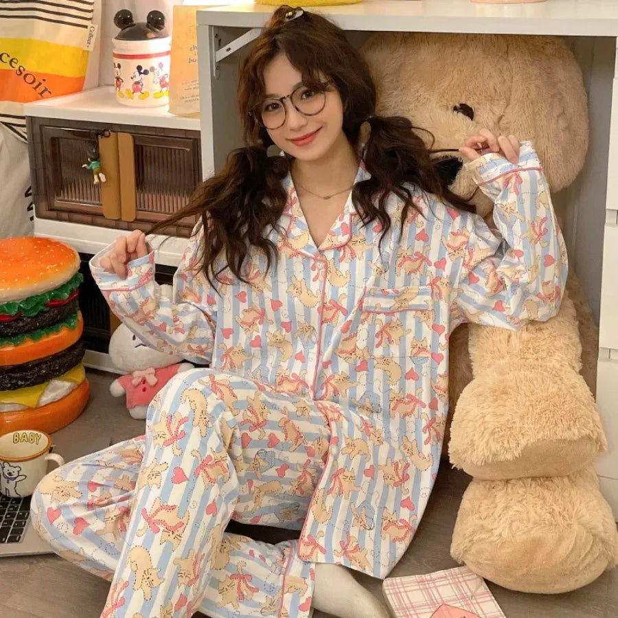 Korean Style Long-Sleeved Pajamas Set for Women Spring Autumn Homewear Comfortable Ladies Sleepwear Student Senior Casual Outfi