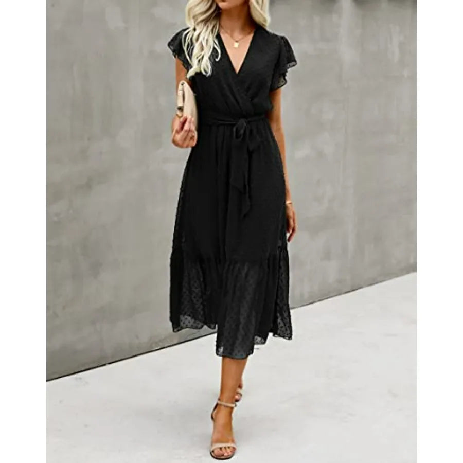 BTFBM Women Summer Bohemian Casual Wrap V Neck Ruffle Cap Sleeveless Belt A-Line Pleated Hem Midi Sun Dress