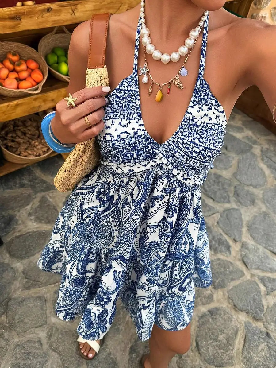 Women Sleeveless V-Neck A-Line Paisley Print Mini Dress For Summer Holiday Beach Outfit