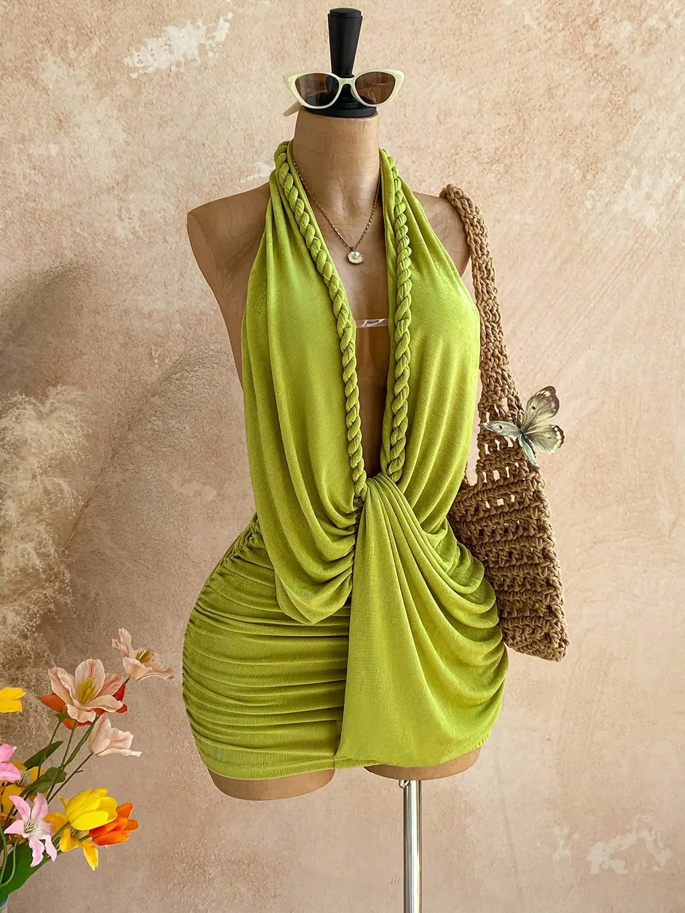 Women Solid Color Backless Halter Mini Dress For Vacation Beach Summer Outfit