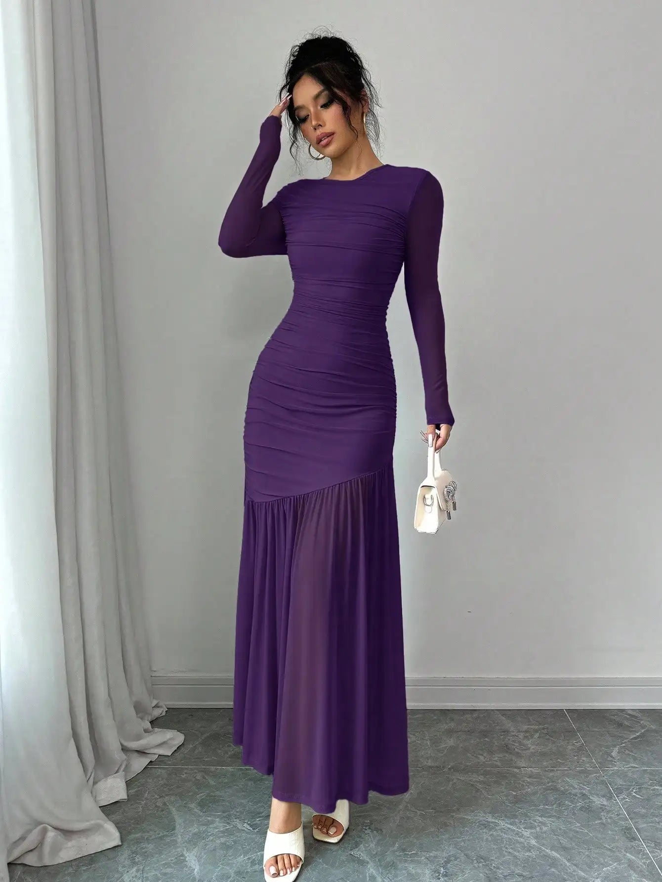 Elegant Mint Green Long Sleeve Round Neck Floor-Length Dress For Women