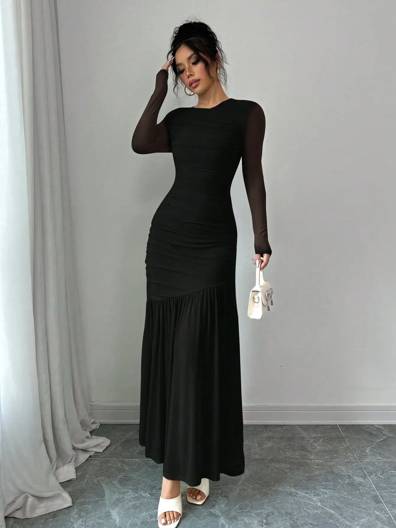 Elegant Mint Green Long Sleeve Round Neck Floor-Length Dress For Women