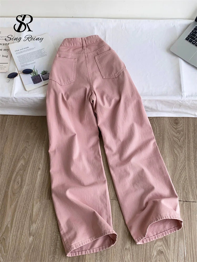 SINGREINY Pink Hotsweet Hole Denim Pants Women High Waist Pocket Design Streetwear Autumn New Lace Patchwork Edgy Wide Leg Jeans