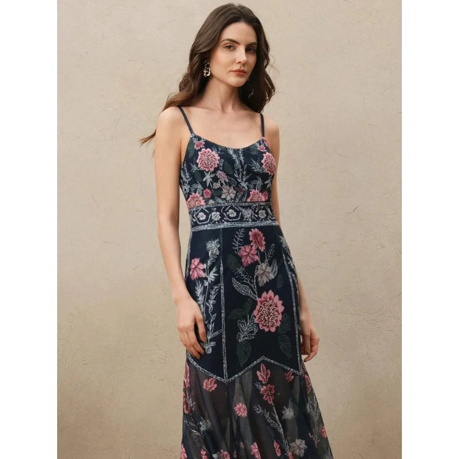 【New style】Anewsta Elegant Floral Network Splice Printed V-Neck Mermaid Hem Spaghetti Strap Dress, For Valentine's Day, Summer