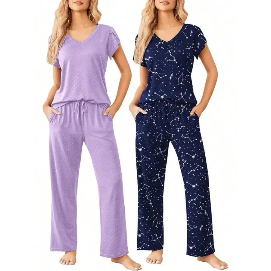 Womens Short Sleeve Striped Pajama Set Soft Lounge Wear S-XXL
