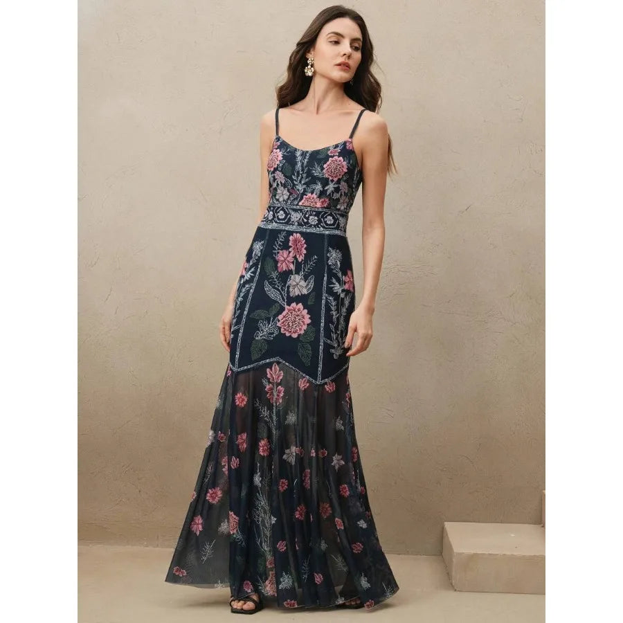 【New style】Anewsta Elegant Floral Network Splice Printed V-Neck Mermaid Hem Spaghetti Strap Dress, For Valentine's Day, Summer
