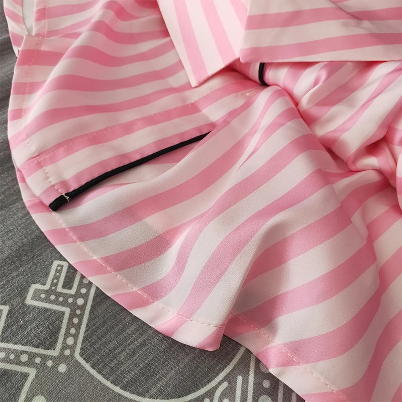 Women's Stripe Print Satin Casual Pajama Set Bow Short Sleeve Buttons Lapel Top & Pants Comfortable Relaxed Fit Summer Nightwear