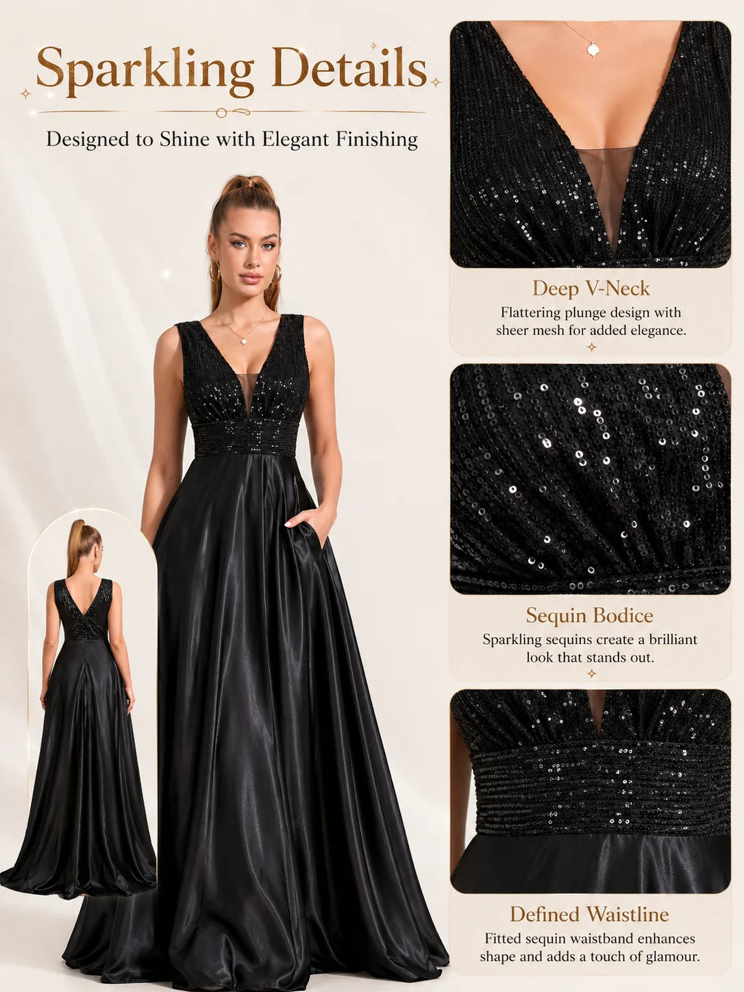 Women Sleeveless Deep V Neck Sequin Bodice Satin A Line Maxi Dress With Train, Elegant Formal Evening Floor Length Gown, Bridal Reception Wedding Guest Prom Party Long Dress S-XXL 3 Colors Available