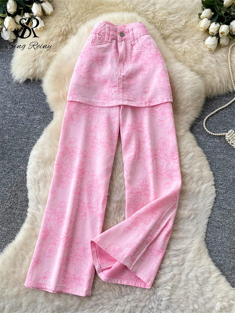SINGREINY Jacquard Y2K Streetwear Jeans High Waist Floral Print Ins Splice Faux Two Piece Mini Skirt Overlay Wide Leg Denim Pant