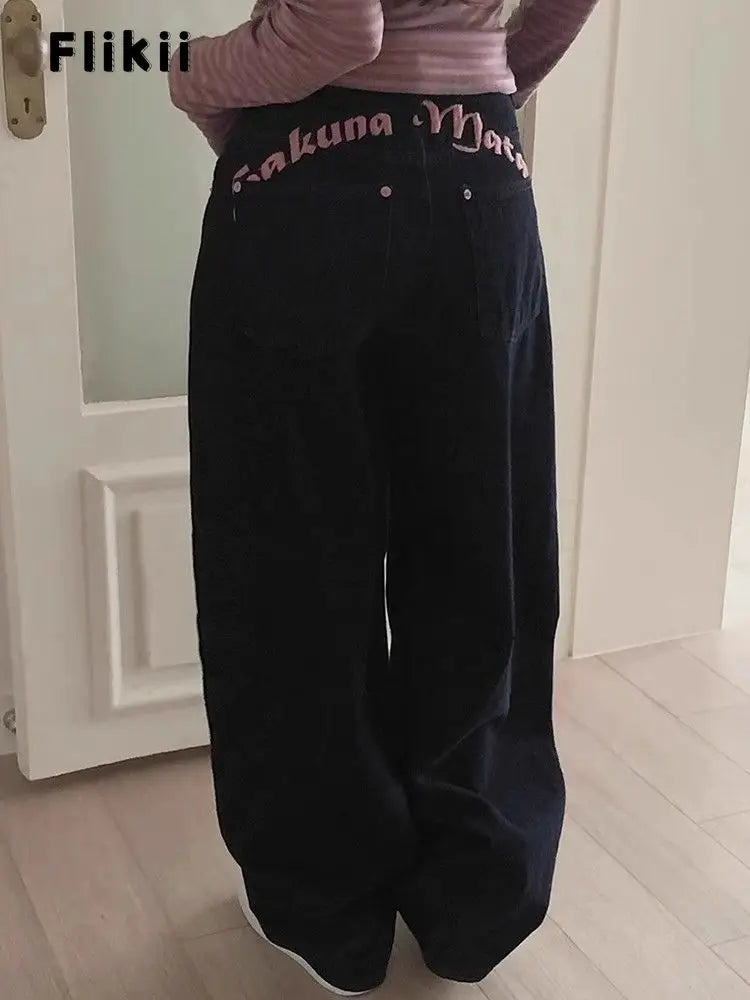 Women's Sweet Casual Full Length Baggy Denim Trouser Retro Emo Harajuku Loose Jeans Letter Embroidery High Waist Y2K 2000s Pants
