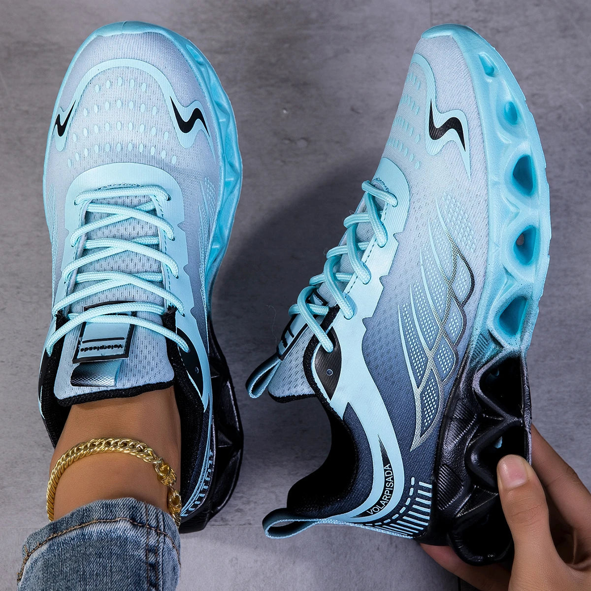 Women Gradient Mesh Running Sneakers, Breathable Hollow Shock Absorbing Blade Sole Athletic Shoes, Lightweight Fashion Non Slip Walking Sports Trainers