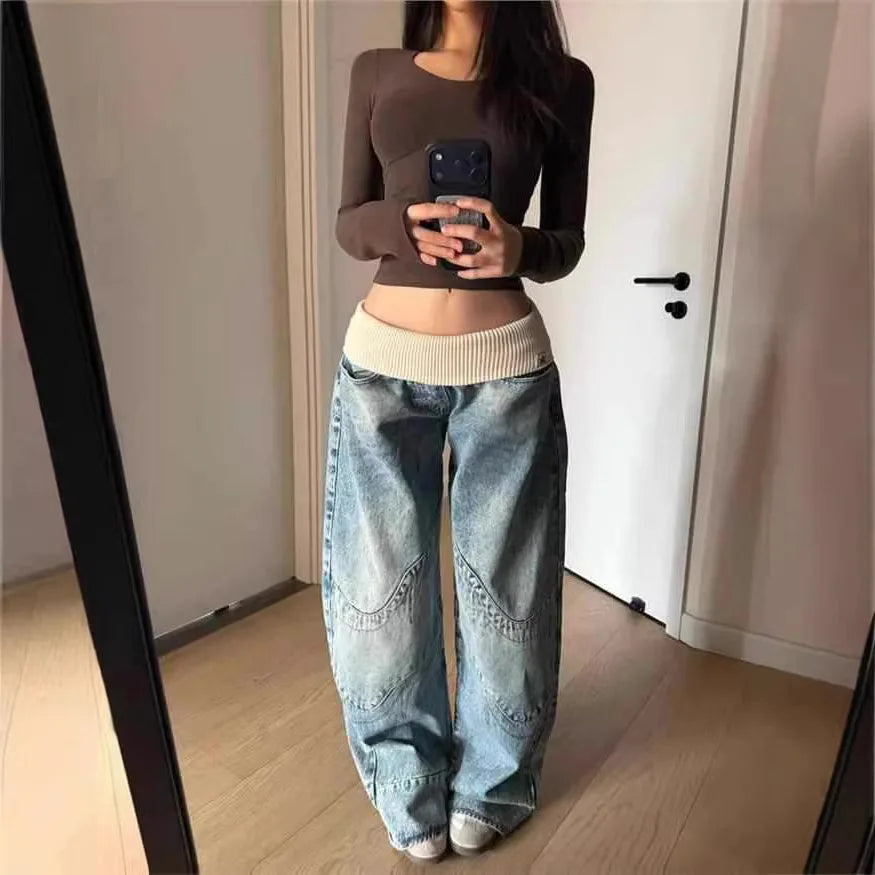 American retro threaded waist straight jeans women's spring and autumn high street design sense loose and thin wide-leg pants