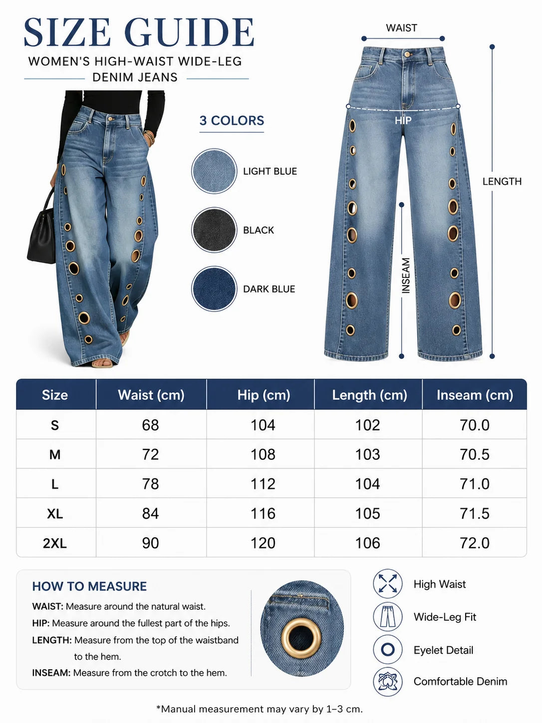 Women High Waist Wide Leg Jeans, Side Cutout Eyelet Rivet Denim Pants Loose Fit Hollow Out Flared Trousers Streetwear Fashion Baggy Jeans with Pockets