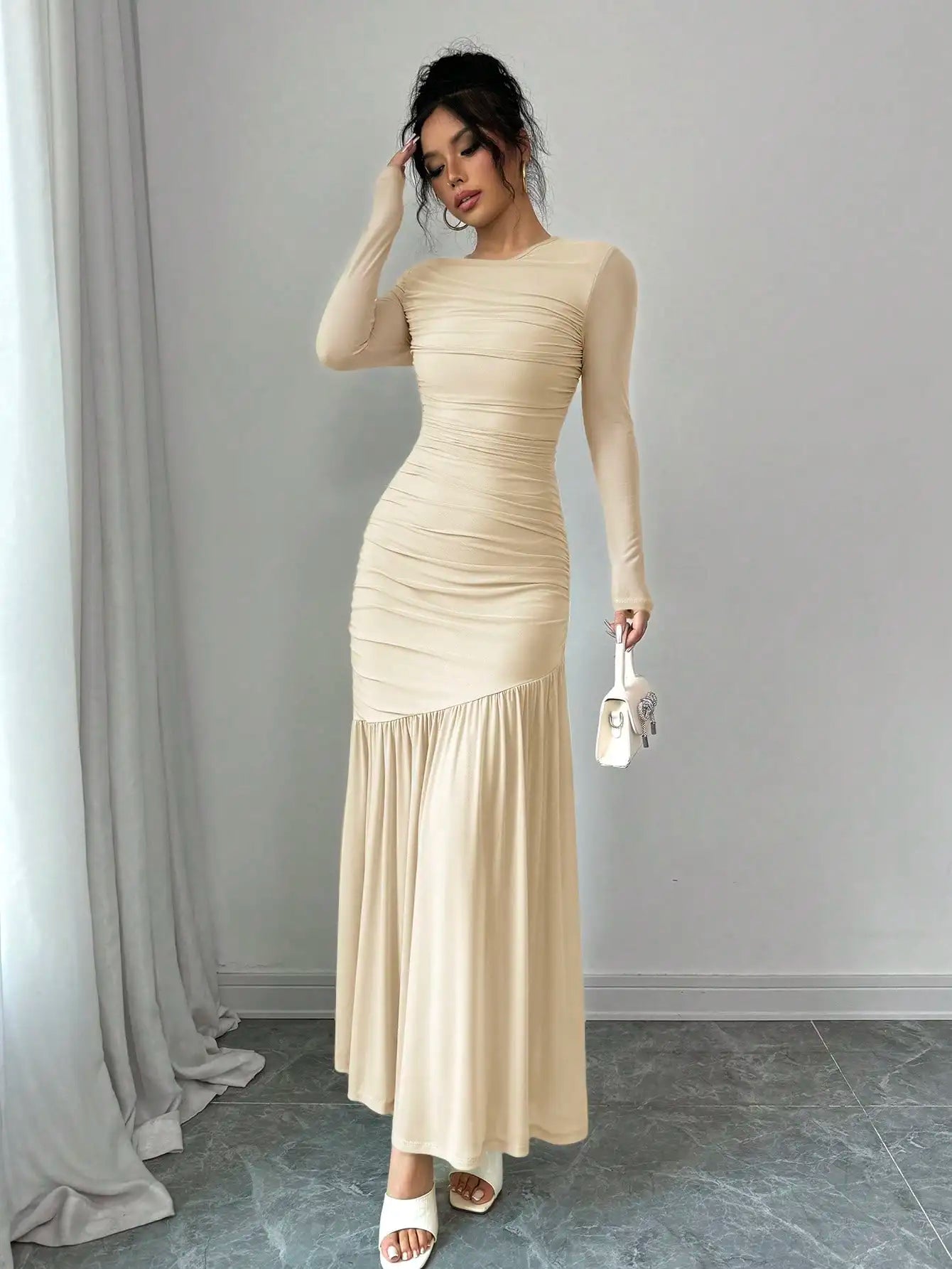 Elegant Mint Green Long Sleeve Round Neck Floor-Length Dress For Women