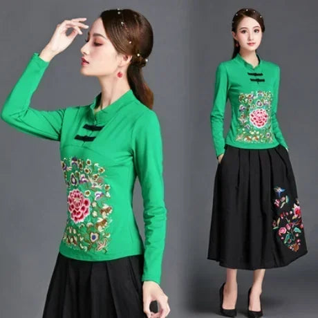 Ethnic Style Streetwear Fashion Casual Women Clothing Shirts for Women Vintage Clothes Tshirt Y2k Top Women Clothes Embroidery