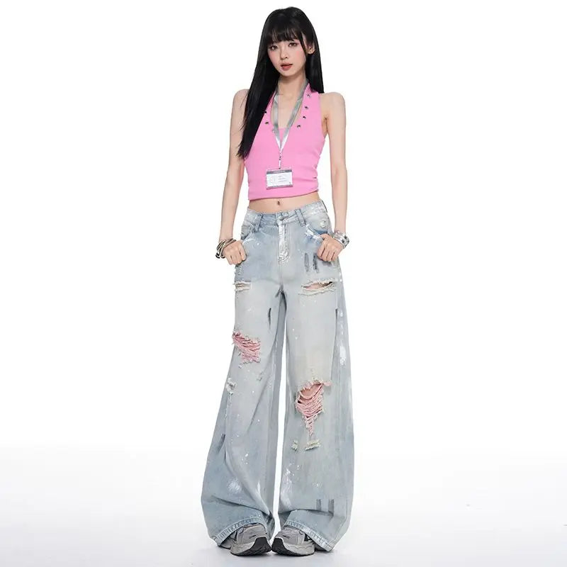 2026 Summer New Ripped Trendy Painted Wide-Leg Straight Jeans for Women, Hot Girl Vintage Style Denim Pants