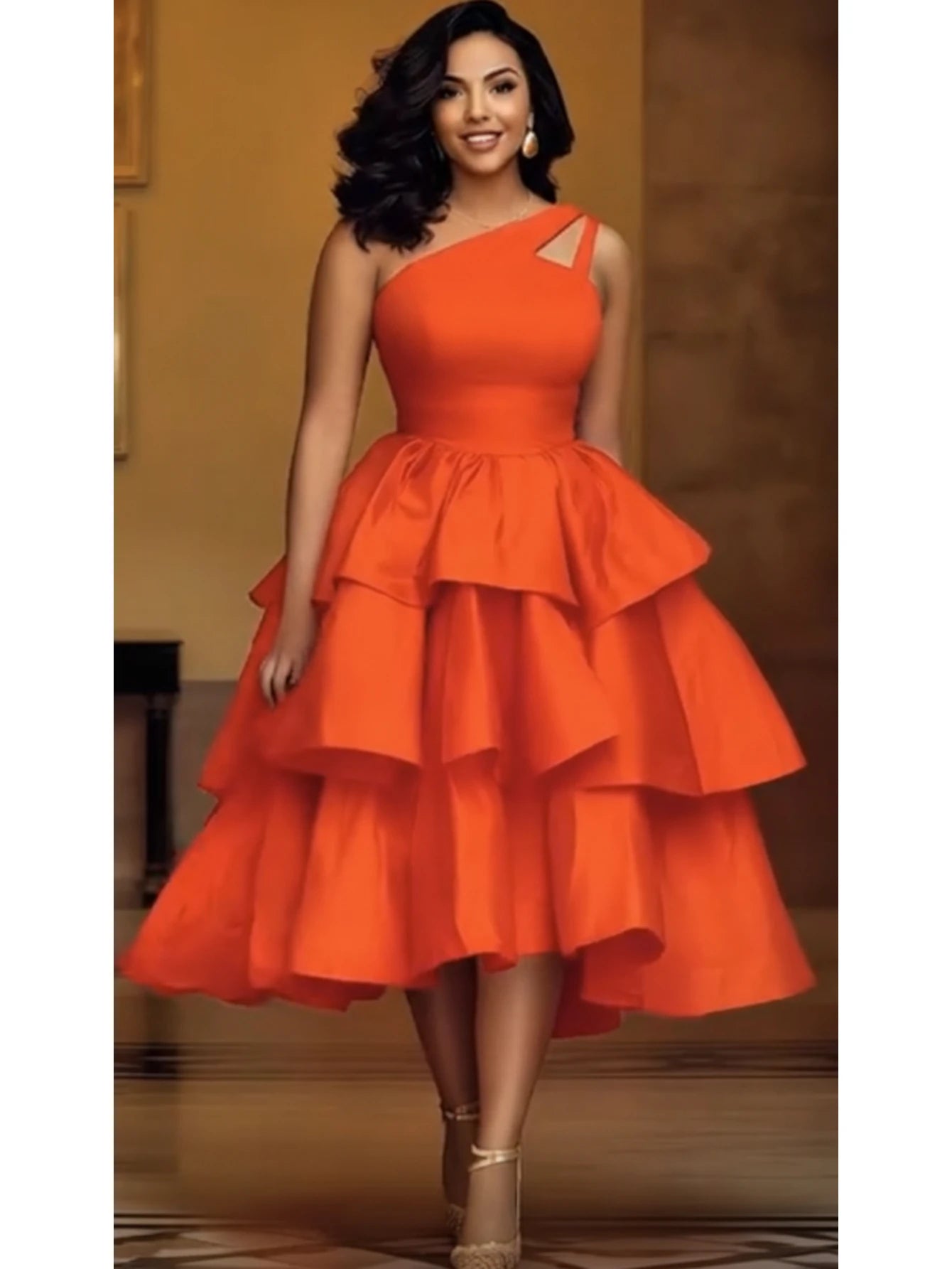 One Shoulder Cutout Tiered Midi Dress For Women High Waist Ruffle Layered Flared Cocktail Party Formal Wedding Guest Dress