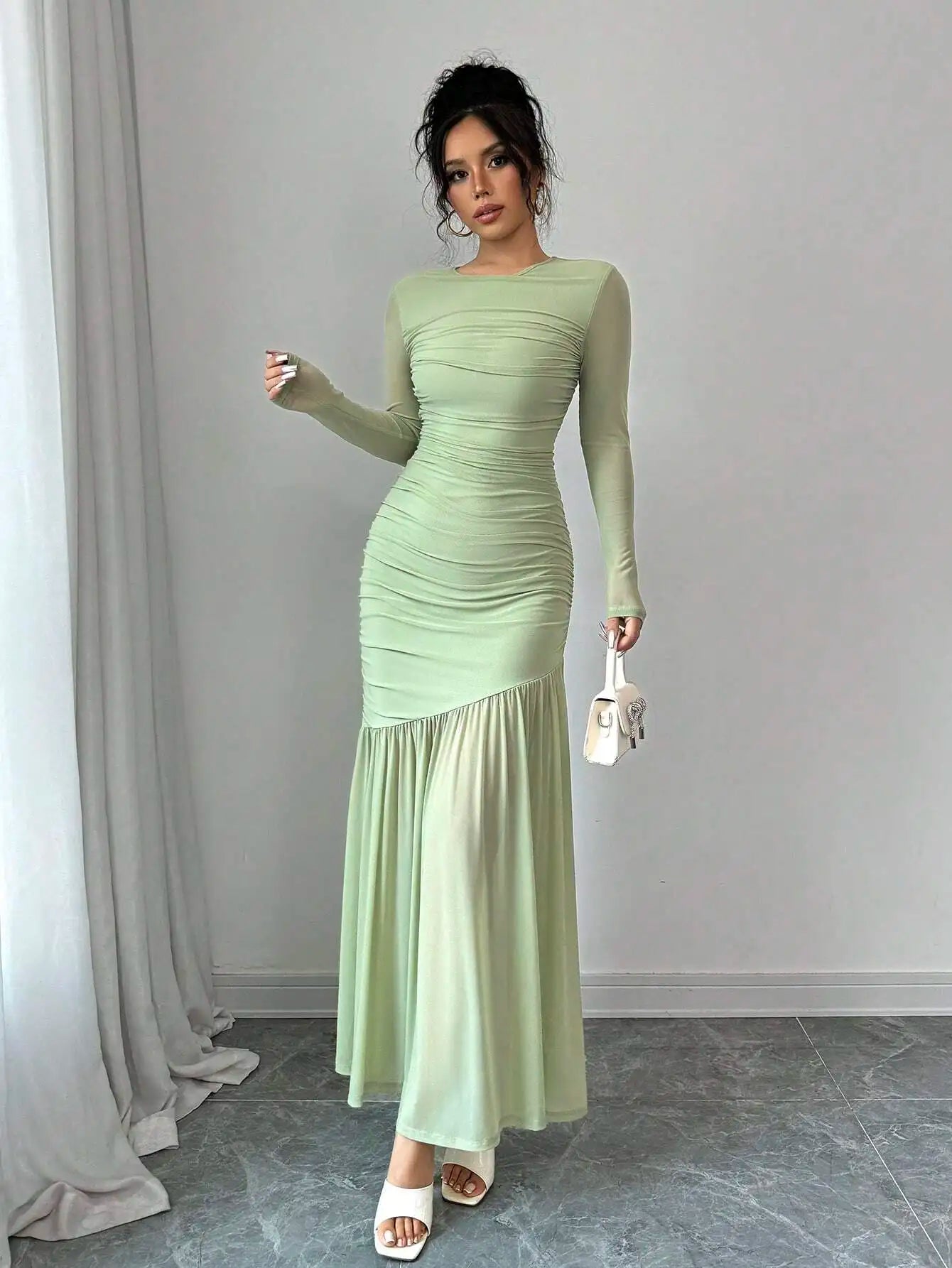 Elegant Mint Green Long Sleeve Round Neck Floor-Length Dress For Women