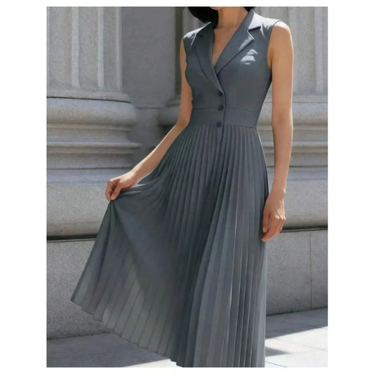 【New style】Elegant Notch Lapel Sleeveless Pleated Midi Dress, Office Wear Button Detail Blazer Dress, Formal Business Casual Wo