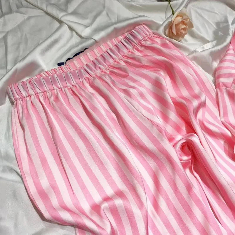 Women's Stripe Print Satin Casual Pajama Set Bow Short Sleeve Buttons Lapel Top & Pants Comfortable Relaxed Fit Summer Nightwear