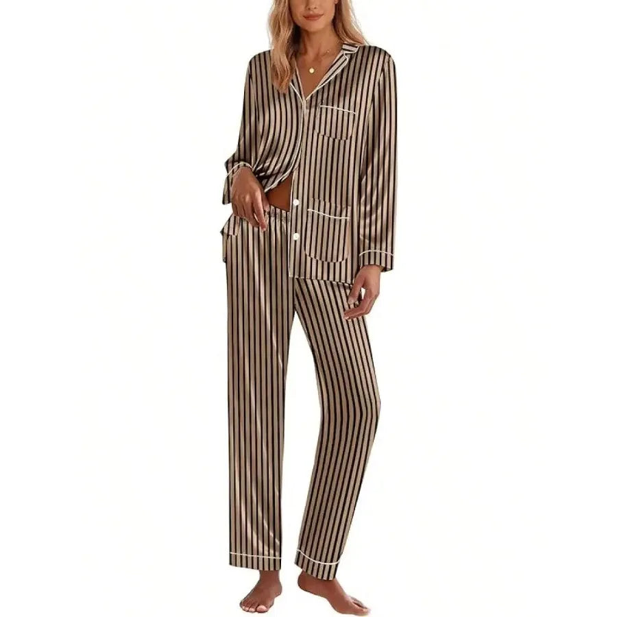 Pink Satin Women Pajama Set Long Sleeve Button Down Lounge Wear