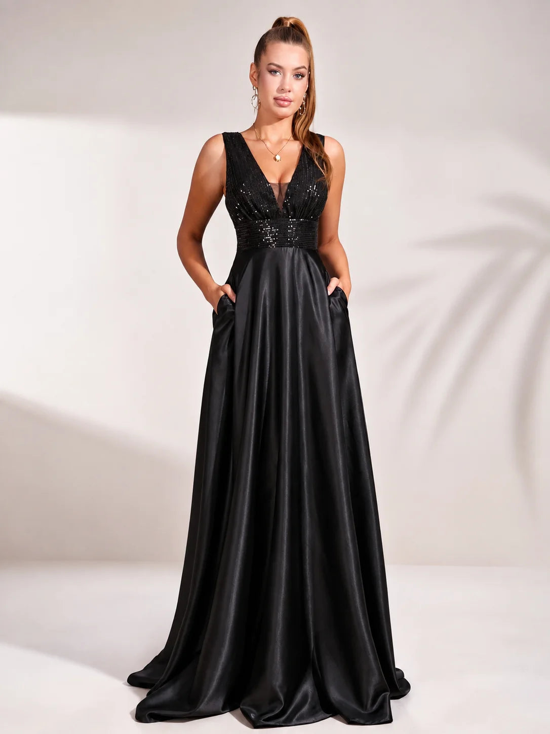 Women Sleeveless Deep V Neck Sequin Bodice Satin A Line Maxi Dress With Train, Elegant Formal Evening Floor Length Gown, Bridal Reception Wedding Guest Prom Party Long Dress S-XXL 3 Colors Available
