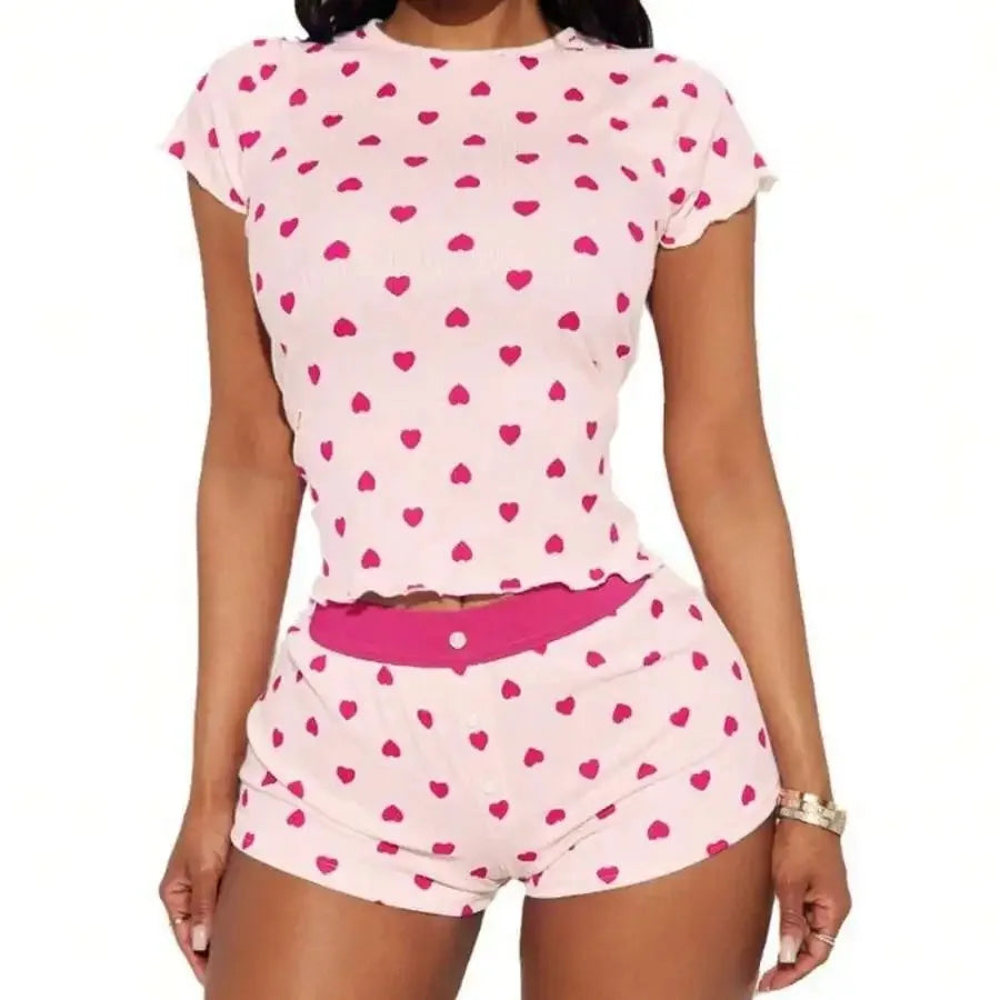 Womens Heart Print Pajama Set Short Sleeve Top And Button Shorts Spring Summer