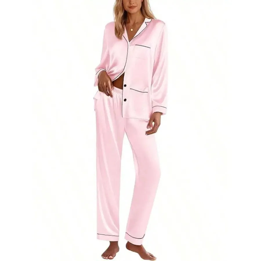 Pink Satin Women Pajama Set Long Sleeve Button Down Lounge Wear