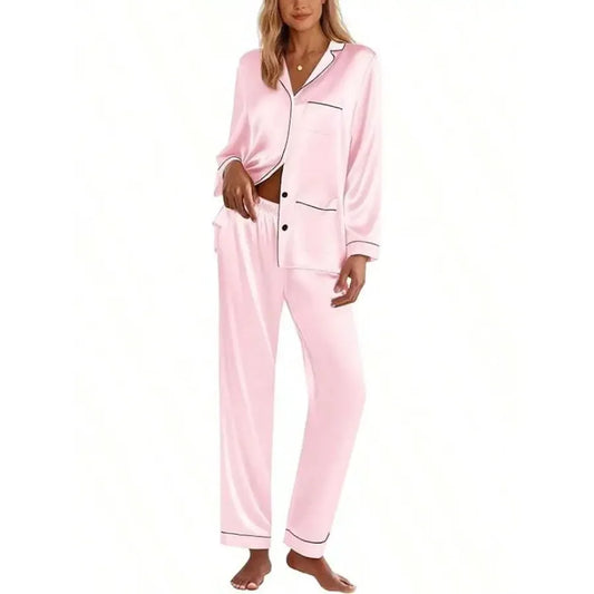 Pink Satin Women Pajama Set Long Sleeve Button Down Lounge Wear