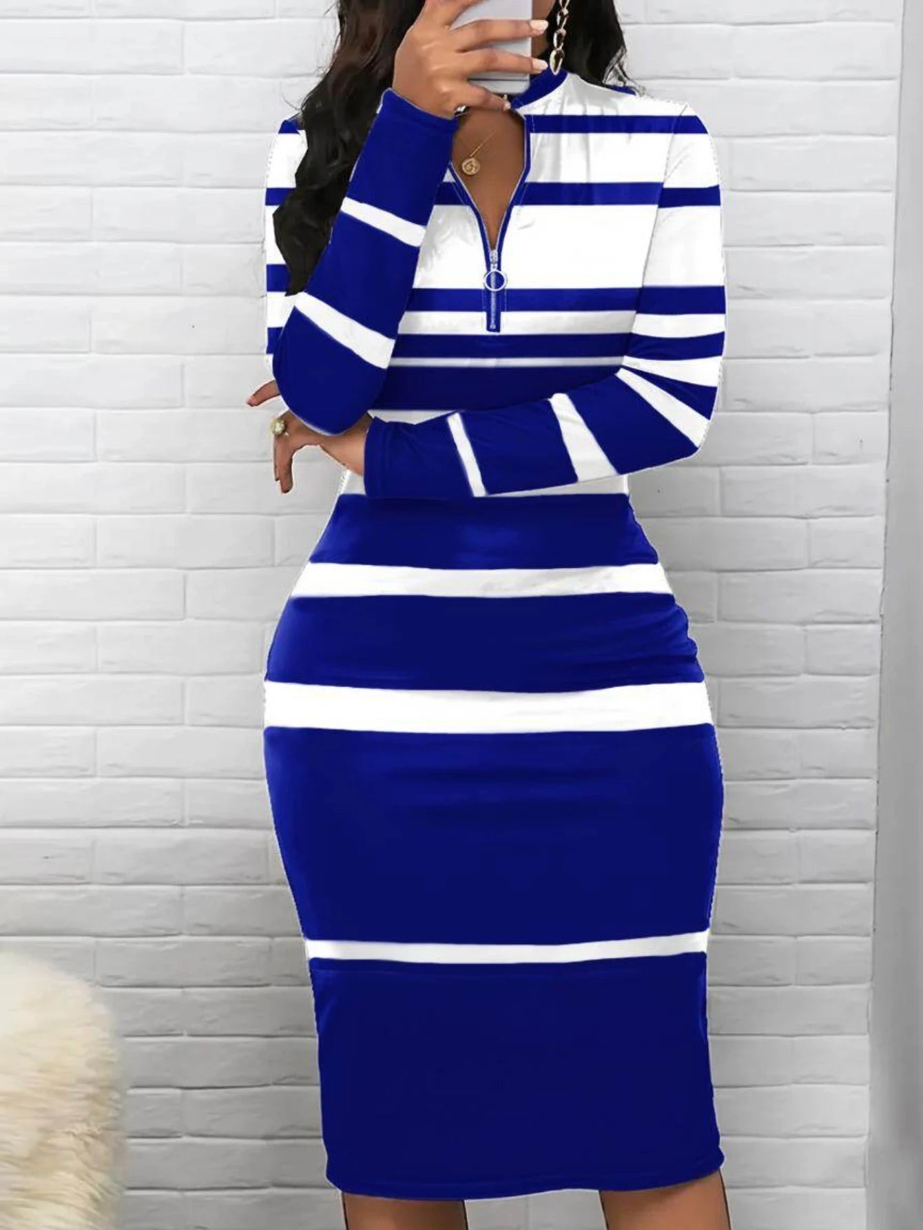 Women Half Zip Stand Collar Long Sleeve Striped Midi Dress For Club Night Daily Casual Dinner And Party Occasion