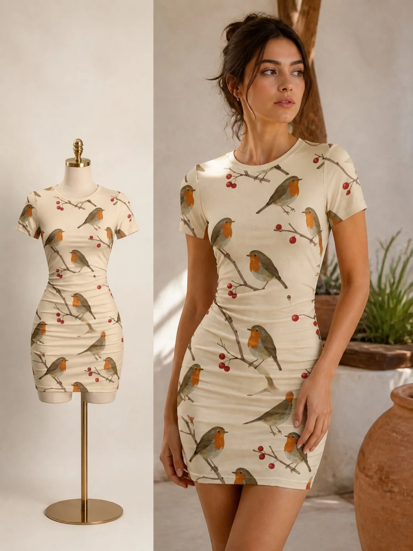 Womens Short Sleeve Bodycon Mini Dress Slim Fit Crew Neck Floral Print Casual Summer Party Cute Modern Fashion Vacation Sundress