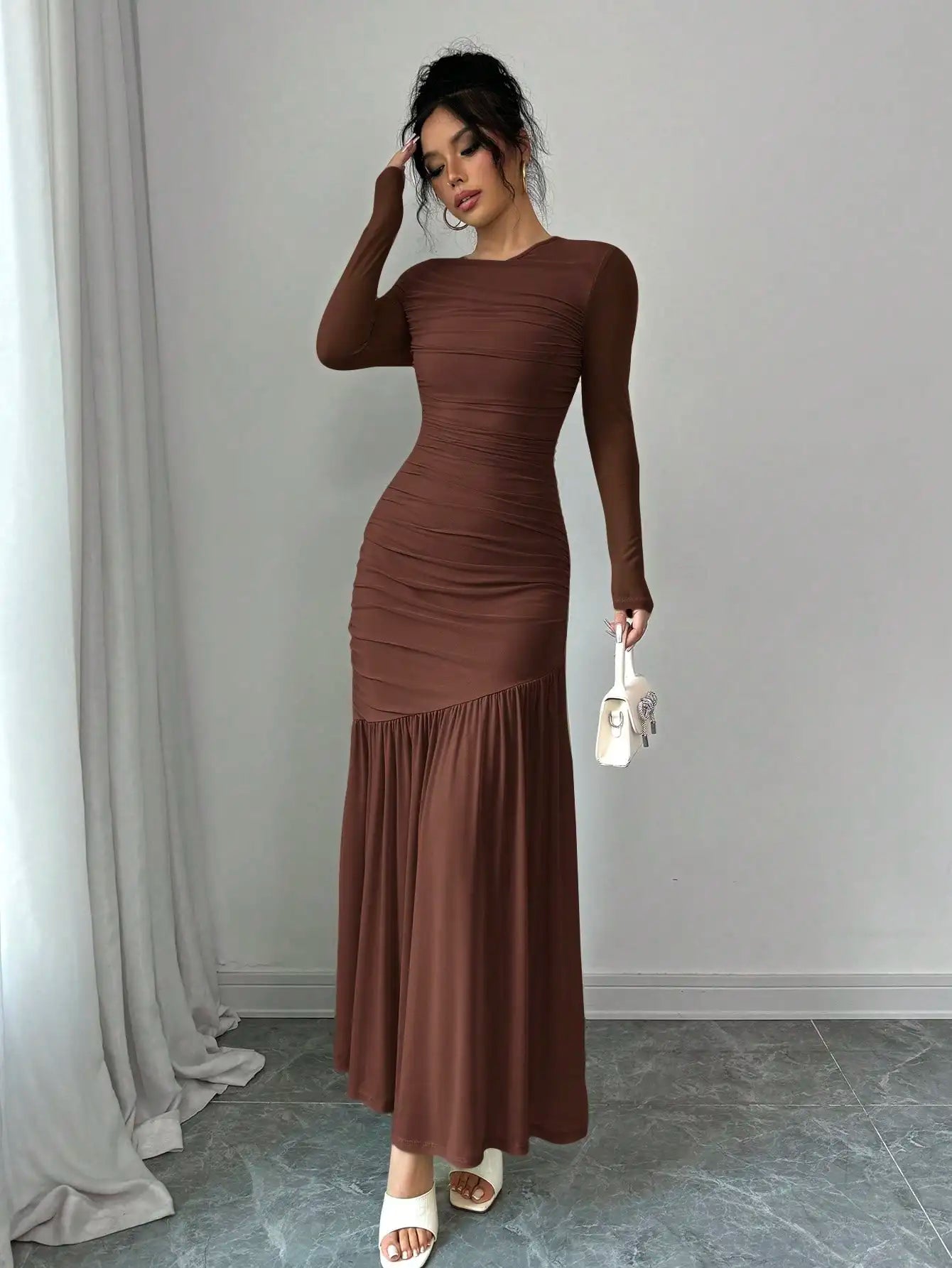 Elegant Mint Green Long Sleeve Round Neck Floor-Length Dress For Women