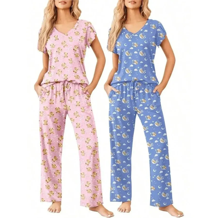Womens Short Sleeve Striped Pajama Set Soft Lounge Wear S-XXL