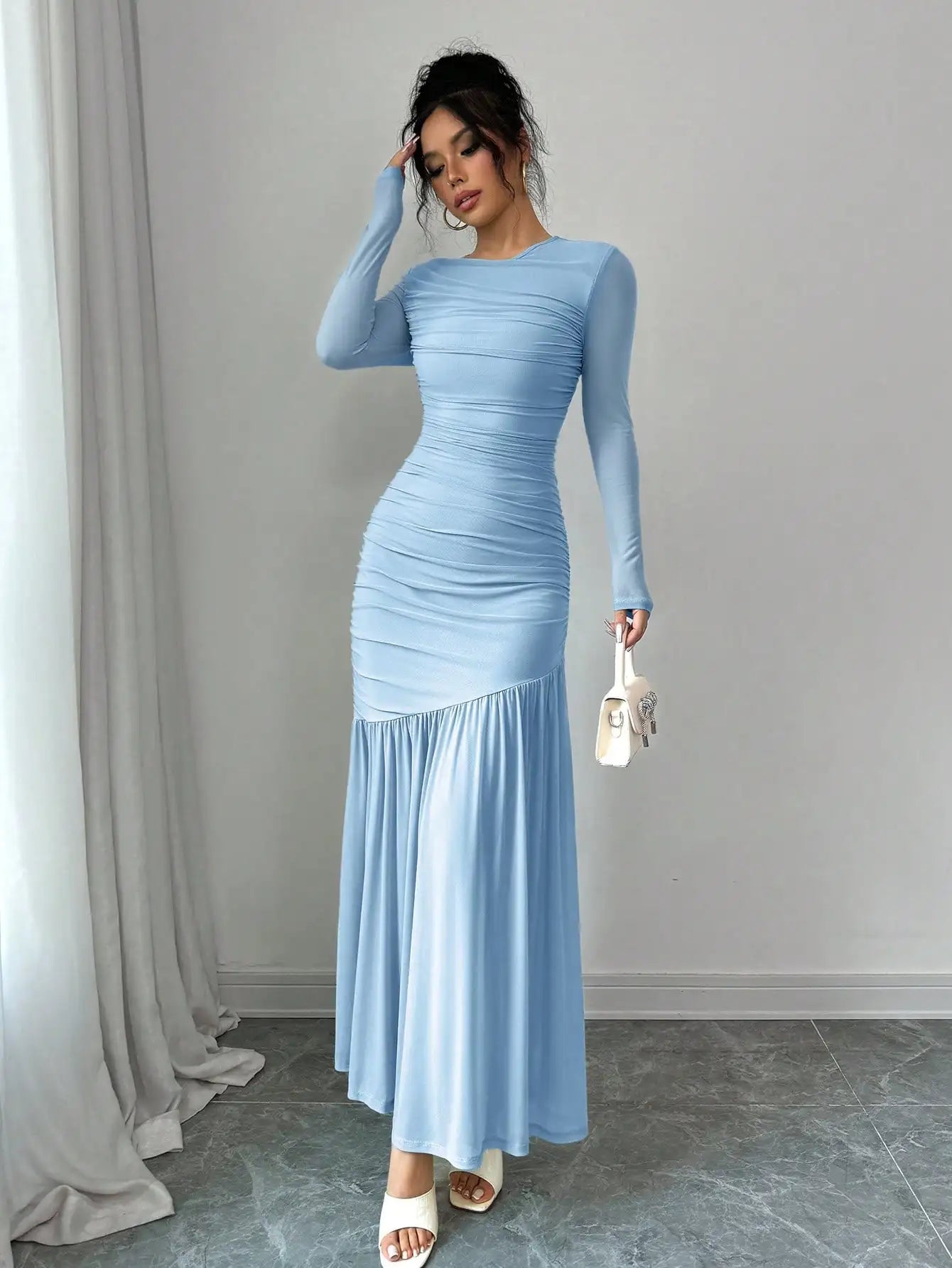 Elegant Mint Green Long Sleeve Round Neck Floor-Length Dress For Women