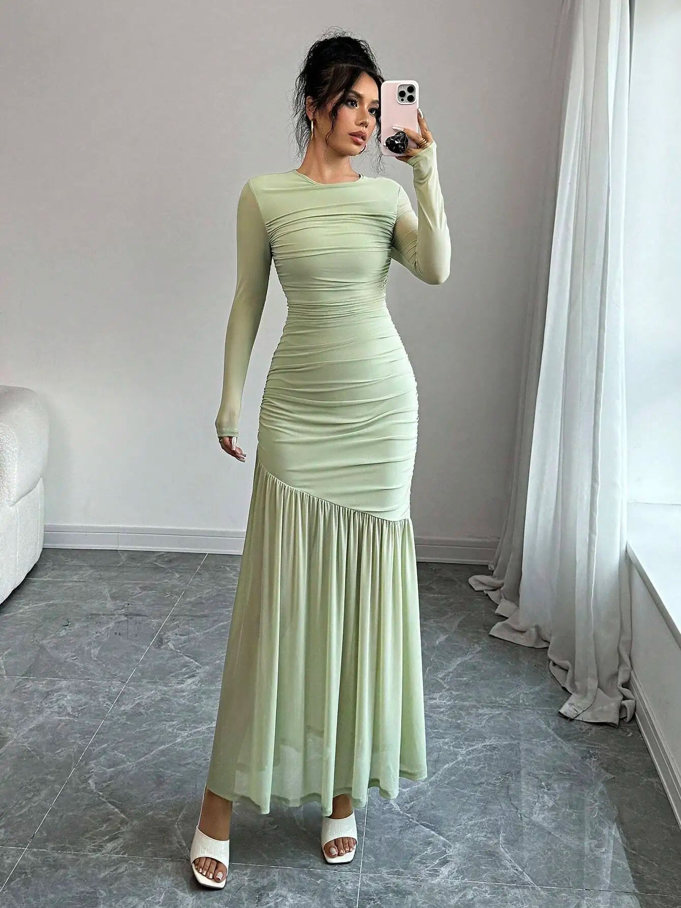 Elegant Mint Green Long Sleeve Round Neck Floor-Length Dress For Women