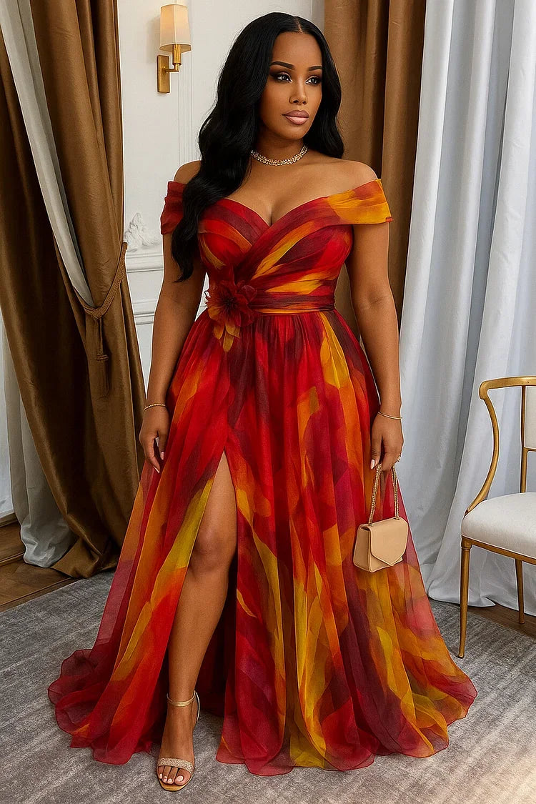 Women Off Shoulder Printed Maxi Gown With Front Slit For Wedding Guest Formal Evening Prom And Banquet Occasion