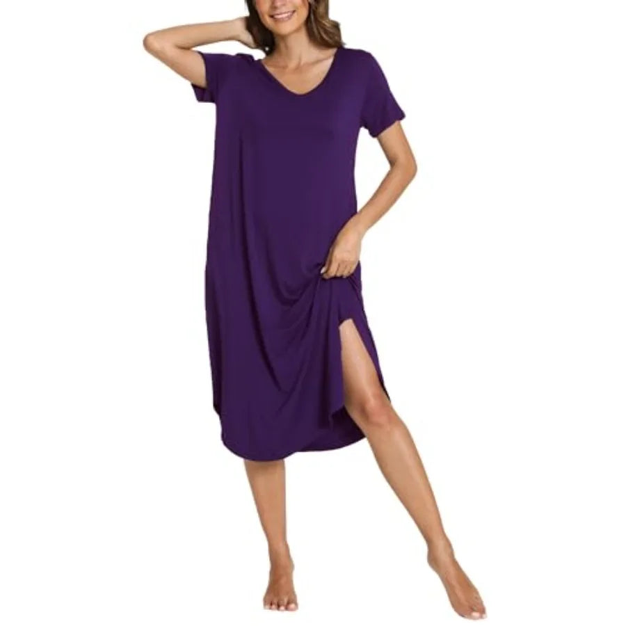 GYS Bamboo Viscose Nightgowns for Women Short Sleeve V Neck Night Shirts with Pockets