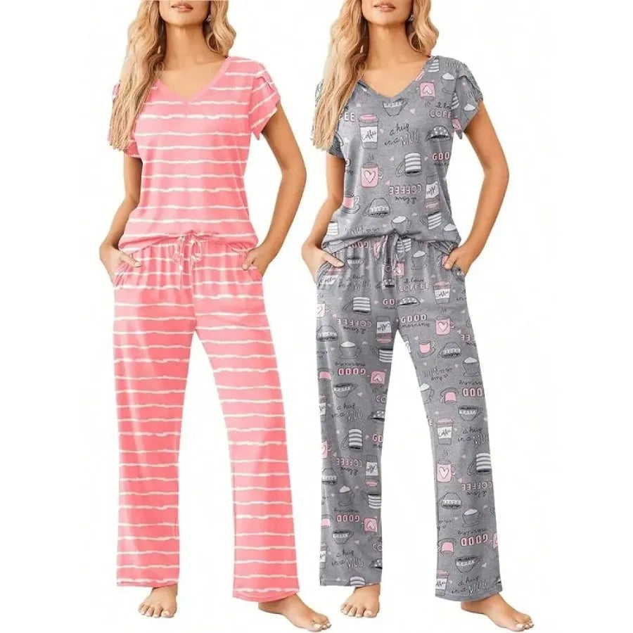 Womens Short Sleeve Striped Pajama Set Soft Lounge Wear S-XXL