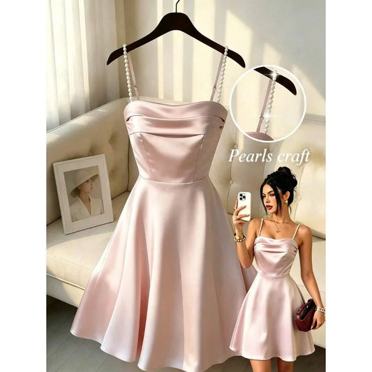 【New style】GlowEve New Sleeveless Beaded Design Shiny Fabric Elegant Commuter Young Versatile Daily Fitted Women Short Dress