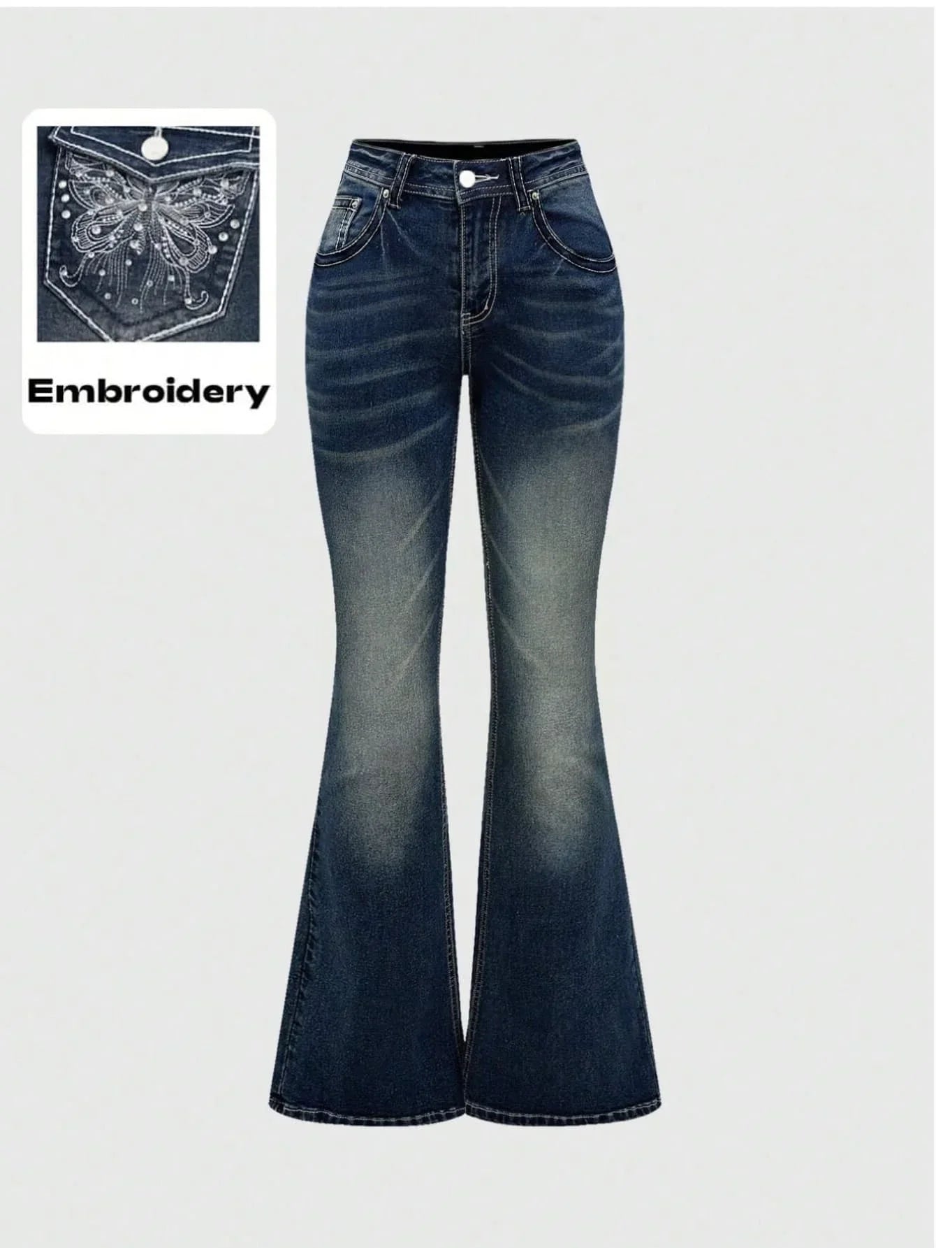 Fashion Y2k Jeans For Woman Blue High Waist Flared Denim Pants With Embroidery Vintage Retro Style  2025 Trendy Collection