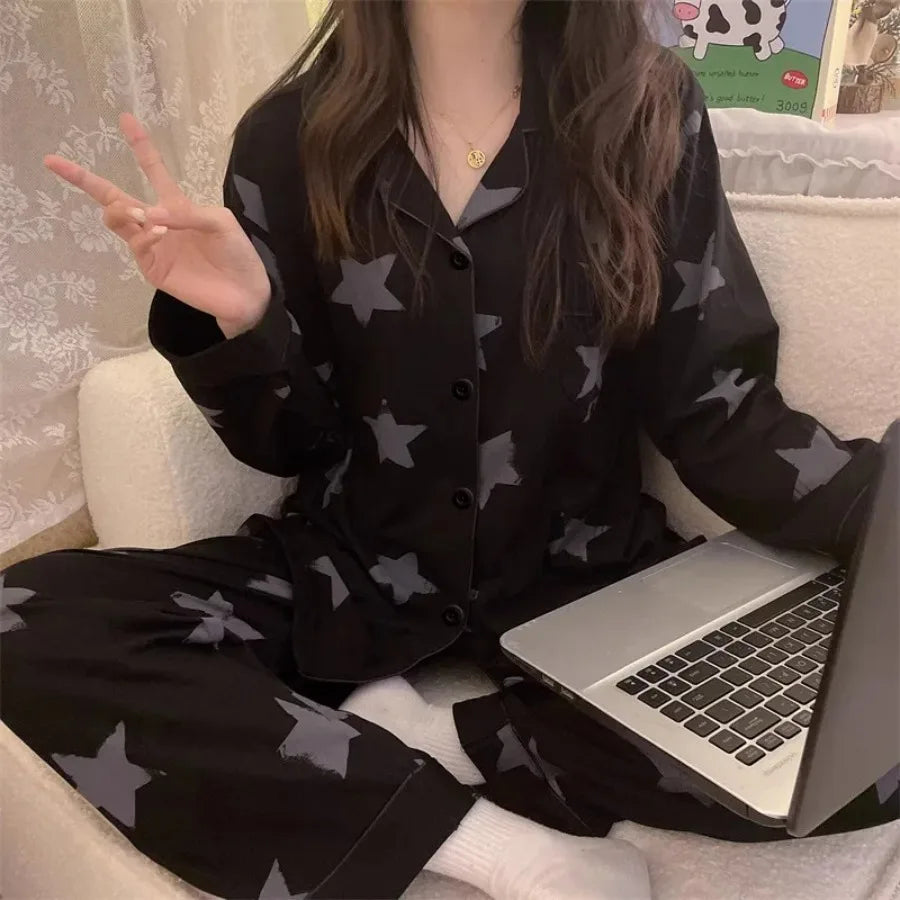 Korean Style Long-Sleeved Pajamas Set for Women Spring Autumn Homewear Comfortable Ladies Sleepwear Student Senior Casual Outfi